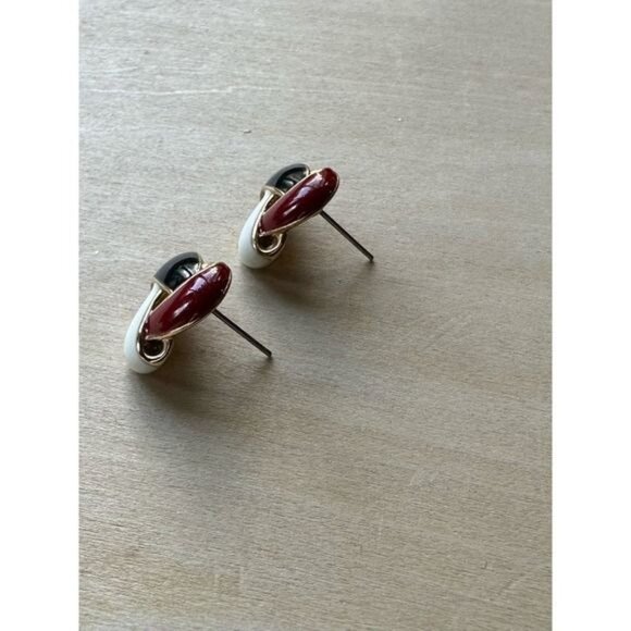 Vintage Red Black & White Enamel Knot Clip-On Earrings Gold-Tone Finish - Picture 11 of 15